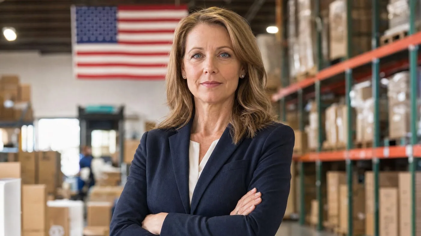 Female business owner in warehouse with American flag - Dayes Law Firm tariff refund